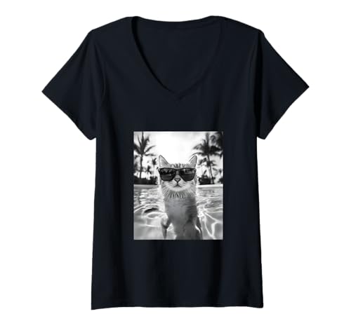Damen Katze trägt Sonnenbrille in einem Pool T-Shirt mit V-Ausschnitt von Cute and Summery Animal Designs