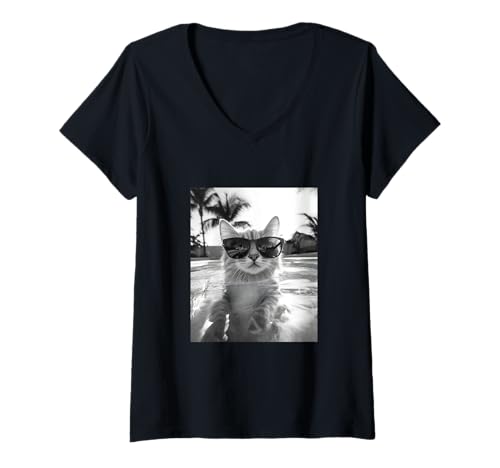 Damen Katze trägt Sonnenbrille in einem Pool T-Shirt mit V-Ausschnitt Damen Katze trägt Sonnenbrille in einem Pool T-Shirt mit V-Ausschnitt von Cute and Summery Animal Designs