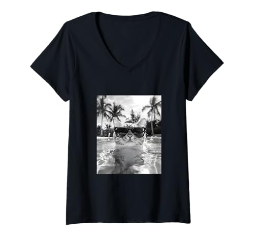 Damen Katze trägt Sonnenbrille in einem Pool T-Shirt mit V-Ausschnitt Damen Katze trägt Sonnenbrille in einem Pool T-Shirt mit V-Ausschnitt von Cute and Summery Animal Designs