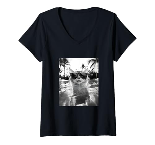 Damen Katze trägt Sonnenbrille in einem Pool T-Shirt mit V-Ausschnitt Damen Katze trägt Sonnenbrille in einem Pool T-Shirt mit V-Ausschnitt von Cute and Summery Animal Designs