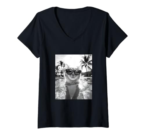 Damen Katze trägt Sonnenbrille in einem Pool T-Shirt mit V-Ausschnitt Damen Katze trägt Sonnenbrille in einem Pool T-Shirt mit V-Ausschnitt von Cute and Summery Animal Designs