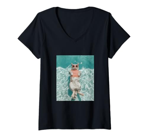 Damen Katze trägt Sonnenbrille und schwimmt im Pool T-Shirt mit V-Ausschnitt Damen Katze trägt Sonnenbrille und schwimmt im Pool T-Shirt mit V-Ausschnitt von Cute and Summery Animal Designs