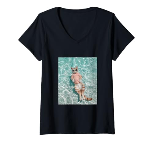 Damen Katze trägt Sonnenbrille und schwimmt im Pool T-Shirt mit V-Ausschnitt Damen Katze trägt Sonnenbrille und schwimmt im Pool T-Shirt mit V-Ausschnitt von Cute and Summery Animal Designs