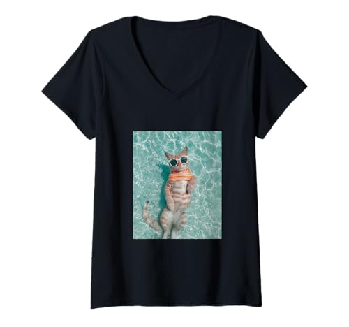 Damen Katze trägt Sonnenbrille und schwimmt im Pool T-Shirt mit V-Ausschnitt Damen Katze trägt Sonnenbrille und schwimmt im Pool T-Shirt mit V-Ausschnitt von Cute and Summery Animal Designs