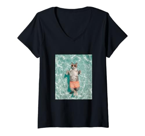 Damen Katze trägt Sonnenbrille und schwimmt im Pool T-Shirt mit V-Ausschnitt Damen Katze trägt Sonnenbrille und schwimmt im Pool T-Shirt mit V-Ausschnitt von Cute and Summery Animal Designs