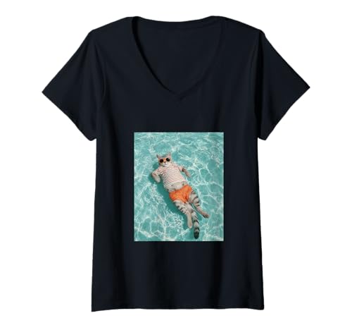 Damen Katze trägt Sonnenbrille und schwimmt im Pool T-Shirt mit V-Ausschnitt Damen Katze trägt Sonnenbrille und schwimmt im Pool T-Shirt mit V-Ausschnitt von Cute and Summery Animal Designs