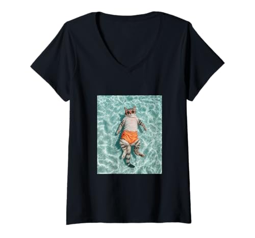 Damen Katze trägt Sonnenbrille und schwimmt im Pool T-Shirt mit V-Ausschnitt Damen Katze trägt Sonnenbrille und schwimmt im Pool T-Shirt mit V-Ausschnitt von Cute and Summery Animal Designs