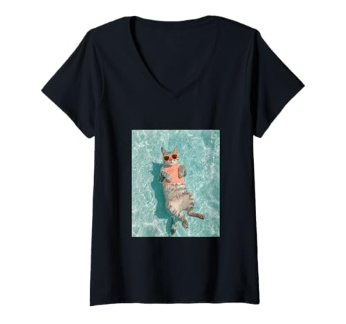 Damen Katze trägt Sonnenbrille und schwimmt im Pool T-Shirt mit V-Ausschnitt Damen Katze trägt Sonnenbrille und schwimmt im Pool T-Shirt mit V-Ausschnitt von Cute and Summery Animal Designs
