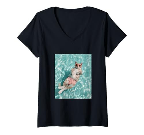 Damen Katze trägt Sonnenbrille und schwimmt im Pool T-Shirt mit V-Ausschnitt Damen Katze trägt Sonnenbrille und schwimmt im Pool T-Shirt mit V-Ausschnitt von Cute and Summery Animal Designs