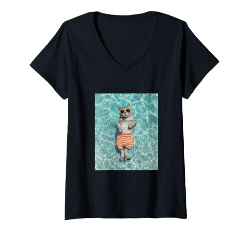 Damen Katze trägt Sonnenbrille und schwimmt im Pool T-Shirt mit V-Ausschnitt Damen Katze trägt Sonnenbrille und schwimmt im Pool T-Shirt mit V-Ausschnitt von Cute and Summery Animal Designs