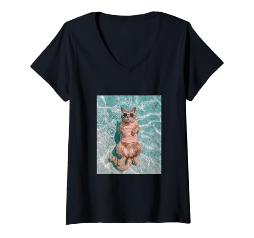 Damen Katze trägt Sonnenbrille und schwimmt im Pool T-Shirt mit V-Ausschnitt Damen Katze trägt Sonnenbrille und schwimmt im Pool T-Shirt mit V-Ausschnitt von Cute and Summery Animal Designs