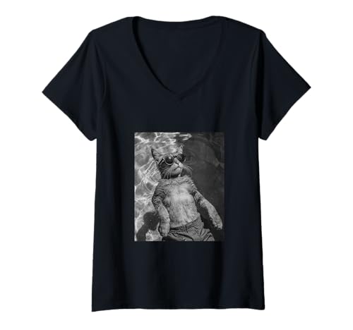 Damen Lustige Katze mit Sonnenbrille in einem Pool T-Shirt mit V-Ausschnitt Damen Lustige Katze mit Sonnenbrille in einem Pool T-Shirt mit V-Ausschnitt von Cute and Summery Animal Designs