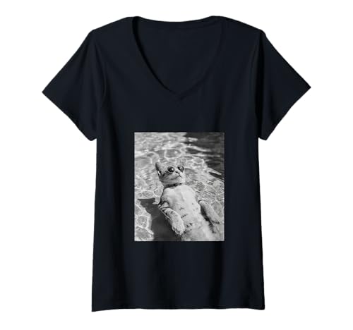 Damen Lustige Katze mit Sonnenbrille in einem Pool T-Shirt mit V-Ausschnitt Damen Lustige Katze mit Sonnenbrille in einem Pool T-Shirt mit V-Ausschnitt von Cute and Summery Animal Designs