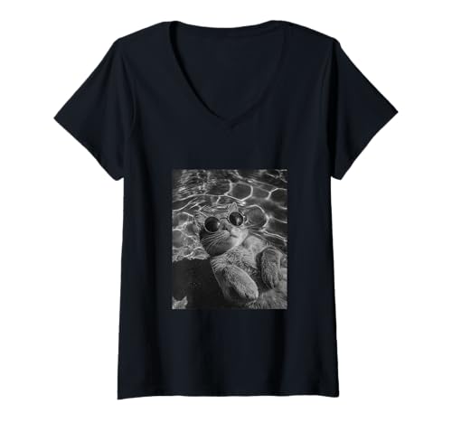 Damen Lustige Katze mit Sonnenbrille in einem Pool T-Shirt mit V-Ausschnitt Damen Lustige Katze mit Sonnenbrille in einem Pool T-Shirt mit V-Ausschnitt von Cute and Summery Animal Designs