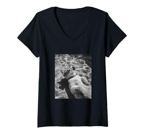 Damen Lustige Katze mit Sonnenbrille in einem Pool T-Shirt mit V-Ausschnitt Damen Lustige Katze mit Sonnenbrille in einem Pool T-Shirt mit V-Ausschnitt von Cute and Summery Animal Designs