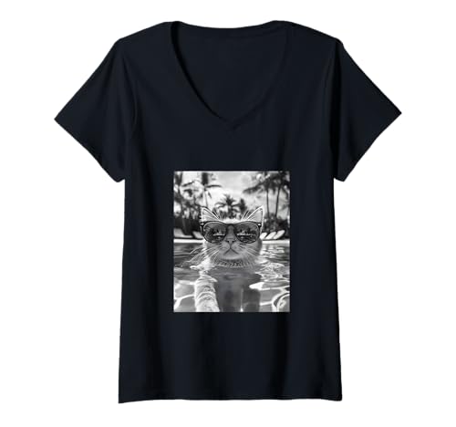 Damen Lustige Katze mit Sonnenbrille in einem Pool mit Palmen T-Shirt mit V-Ausschnitt Damen Lustige Katze mit Sonnenbrille in einem Pool mit Palmen T-Shirt mit V-Ausschnitt von Cute and Summery Animal Designs