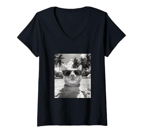 Damen Lustige Katze mit Sonnenbrille in einem Pool mit Palmen T-Shirt mit V-Ausschnitt Damen Lustige Katze mit Sonnenbrille in einem Pool mit Palmen T-Shirt mit V-Ausschnitt von Cute and Summery Animal Designs