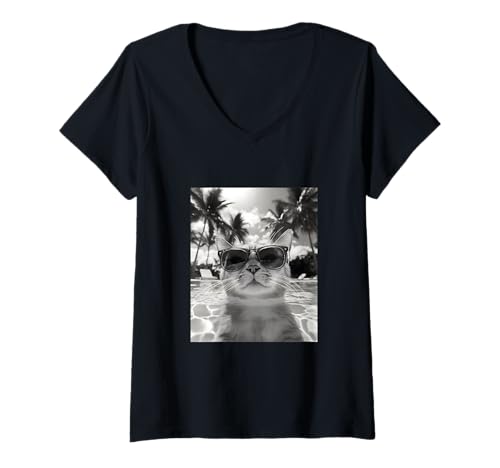 Damen Lustige Katze mit Sonnenbrille in einem Pool mit Palmen T-Shirt mit V-Ausschnitt Damen Lustige Katze mit Sonnenbrille in einem Pool mit Palmen T-Shirt mit V-Ausschnitt von Cute and Summery Animal Designs