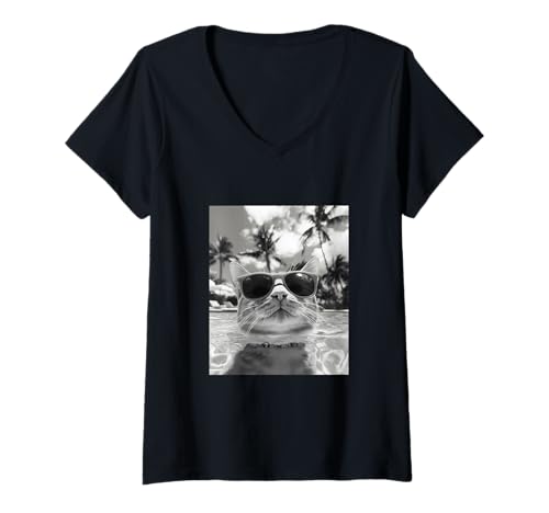 Damen Lustige Katze mit Sonnenbrille in einem Pool mit Palmen T-Shirt mit V-Ausschnitt Damen Lustige Katze mit Sonnenbrille in einem Pool mit Palmen T-Shirt mit V-Ausschnitt von Cute and Summery Animal Designs