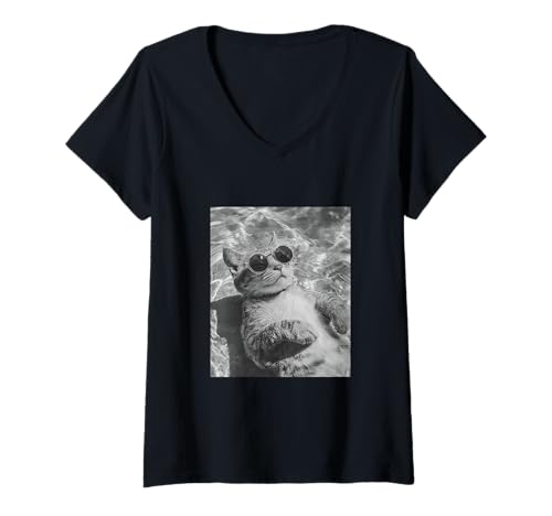 Damen Lustige Katze mit Sonnenbrille und Schwimmen im Pool T-Shirt mit V-Ausschnitt Damen Lustige Katze mit Sonnenbrille und Schwimmen im Pool T-Shirt mit V-Ausschnitt von Cute and Summery Animal Designs