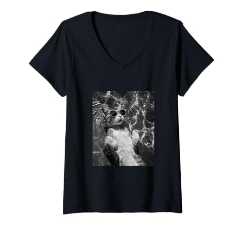 Damen Lustige Katze mit Sonnenbrille und Schwimmen im Pool T-Shirt mit V-Ausschnitt Damen Lustige Katze mit Sonnenbrille und Schwimmen im Pool T-Shirt mit V-Ausschnitt von Cute and Summery Animal Designs