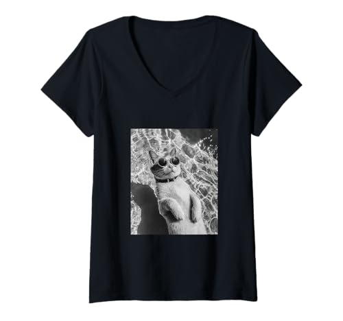 Damen Lustige Katze mit Sonnenbrille und Schwimmen im Pool T-Shirt mit V-Ausschnitt Damen Lustige Katze mit Sonnenbrille und Schwimmen im Pool T-Shirt mit V-Ausschnitt von Cute and Summery Animal Designs
