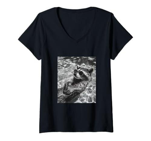 Damen Lustiger Waschbär mit Sonnenbrille in einem Pool T-Shirt mit V-Ausschnitt von Cute and Summery Animal Designs