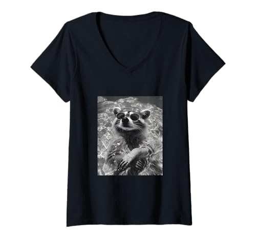 Damen Lustiger Waschbär mit Sonnenbrille in einem Pool T-Shirt mit V-Ausschnitt von Cute and Summery Animal Designs