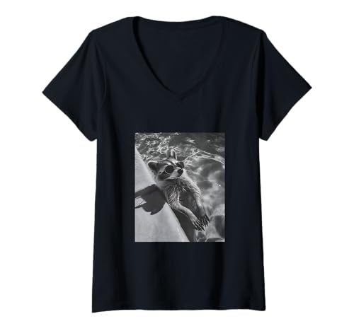 Damen Lustiger Waschbär mit Sonnenbrille in einem Pool T-Shirt mit V-Ausschnitt von Cute and Summery Animal Designs