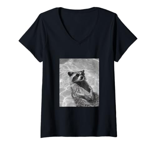 Damen Lustiger Waschbär mit Sonnenbrille in einem Pool T-Shirt mit V-Ausschnitt von Cute and Summery Animal Designs