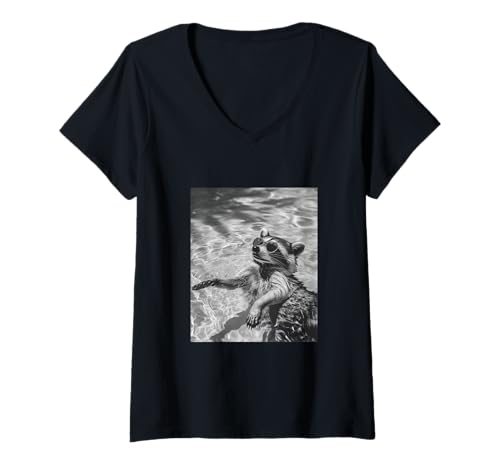 Damen Lustiger Waschbär mit Sonnenbrille in einem Pool T-Shirt mit V-Ausschnitt von Cute and Summery Animal Designs