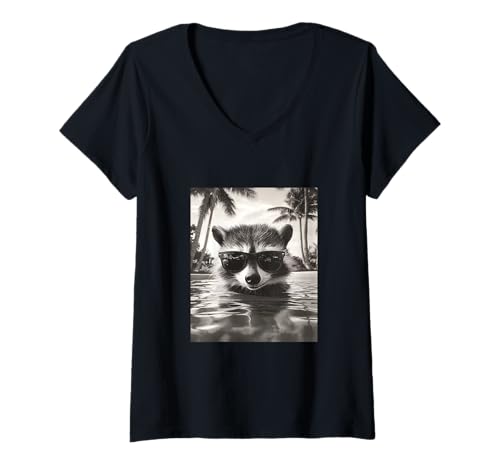 Damen Lustiger Waschbär mit Sonnenbrille in einem Pool mit Palmen T-Shirt mit V-Ausschnitt Damen Lustiger Waschbär mit Sonnenbrille in einem Pool mit Palmen T-Shirt mit V-Ausschnitt von Cute and Summery Animal Designs