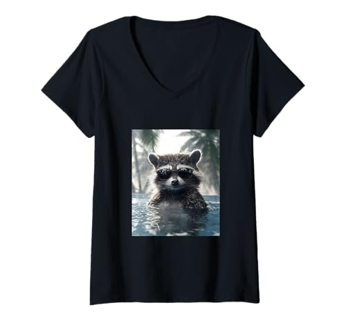 Damen Lustiger Waschbär mit Sonnenbrille in einem Pool mit Palmen T-Shirt mit V-Ausschnitt Damen Lustiger Waschbär mit Sonnenbrille in einem Pool mit Palmen T-Shirt mit V-Ausschnitt von Cute and Summery Animal Designs