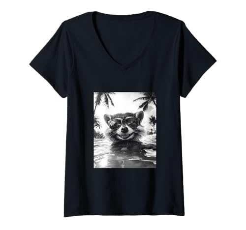 Damen Lustiger Waschbär mit Sonnenbrille in einem Pool mit Palmen T-Shirt mit V-Ausschnitt Damen Lustiger Waschbär mit Sonnenbrille in einem Pool mit Palmen T-Shirt mit V-Ausschnitt von Cute and Summery Animal Designs