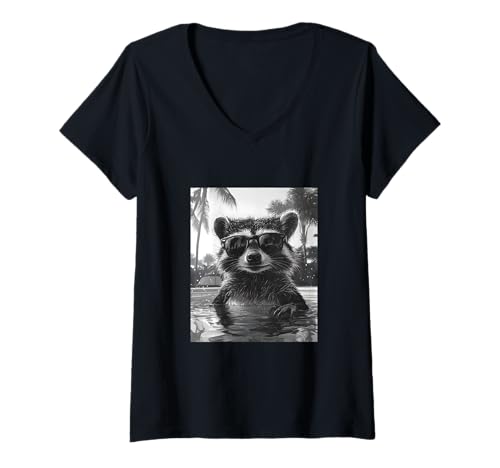 Damen Lustiger Waschbär mit Sonnenbrille in einem Pool mit Palmen T-Shirt mit V-Ausschnitt Damen Lustiger Waschbär mit Sonnenbrille in einem Pool mit Palmen T-Shirt mit V-Ausschnitt von Cute and Summery Animal Designs