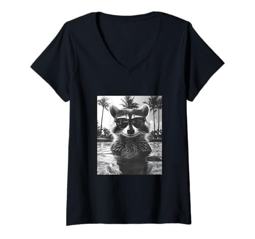 Damen Lustiger Waschbär mit Sonnenbrille in einem Pool mit Palmen T-Shirt mit V-Ausschnitt Damen Lustiger Waschbär mit Sonnenbrille in einem Pool mit Palmen T-Shirt mit V-Ausschnitt von Cute and Summery Animal Designs