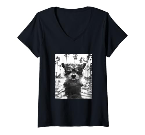 Damen Lustiger Waschbär mit Sonnenbrille in einem Pool mit Palmen T-Shirt mit V-Ausschnitt Damen Lustiger Waschbär mit Sonnenbrille in einem Pool mit Palmen T-Shirt mit V-Ausschnitt von Cute and Summery Animal Designs