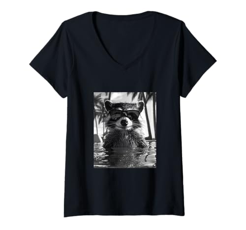 Damen Lustiger Waschbär mit Sonnenbrille in einem Pool mit Palmen T-Shirt mit V-Ausschnitt Damen Lustiger Waschbär mit Sonnenbrille in einem Pool mit Palmen T-Shirt mit V-Ausschnitt von Cute and Summery Animal Designs