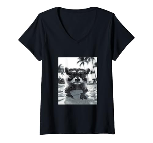 Damen Lustiger Waschbär mit Sonnenbrille in einem Pool mit Palmen T-Shirt mit V-Ausschnitt Damen Lustiger Waschbär mit Sonnenbrille in einem Pool mit Palmen T-Shirt mit V-Ausschnitt von Cute and Summery Animal Designs