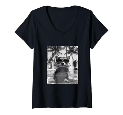 Damen Lustiger Waschbär mit Sonnenbrille in einem Pool mit Palmen T-Shirt mit V-Ausschnitt von Cute and Summery Animal Designs