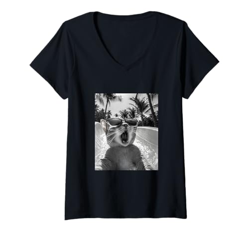 Damen Schockiert aussehende Katze mit Sonnenbrille in einer Wasserrutsche T-Shirt mit V-Ausschnitt Damen Schockiert aussehende Katze mit Sonnenbrille in einer Wasserrutsche T-Shirt mit V-Ausschnitt von Cute and Summery Animal Designs