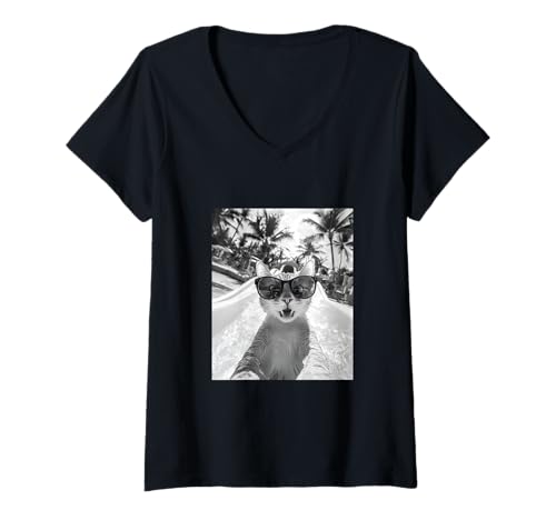 Damen Schockiert aussehende Katze mit Sonnenbrille in einer Wasserrutsche T-Shirt mit V-Ausschnitt Damen Schockiert aussehende Katze mit Sonnenbrille in einer Wasserrutsche T-Shirt mit V-Ausschnitt von Cute and Summery Animal Designs