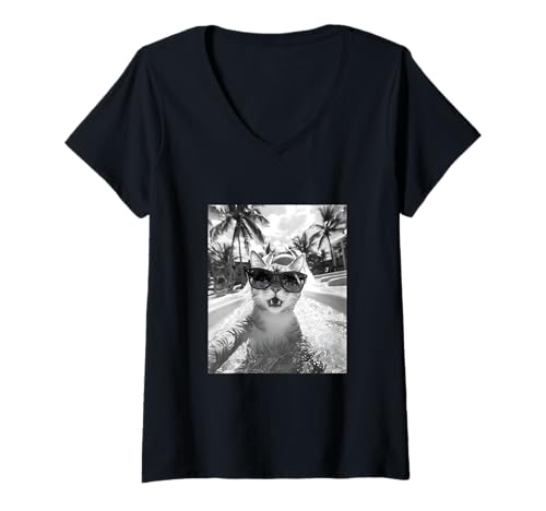 Damen Schockiert aussehende Katze mit Sonnenbrille in einer Wasserrutsche T-Shirt mit V-Ausschnitt Damen Schockiert aussehende Katze mit Sonnenbrille in einer Wasserrutsche T-Shirt mit V-Ausschnitt von Cute and Summery Animal Designs