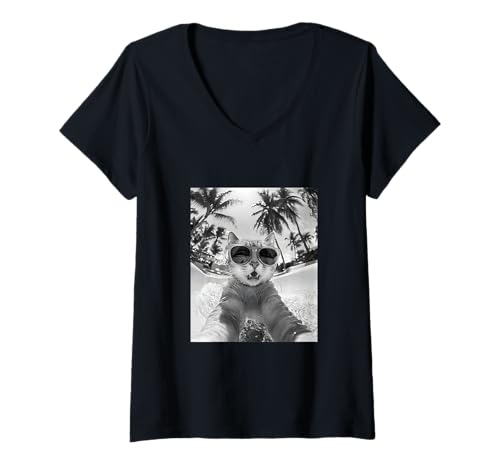 Damen Schockiert aussehende Katze mit Sonnenbrille in einer Wasserrutsche T-Shirt mit V-Ausschnitt Damen Schockiert aussehende Katze mit Sonnenbrille in einer Wasserrutsche T-Shirt mit V-Ausschnitt von Cute and Summery Animal Designs