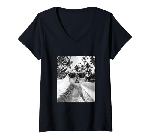 Damen Schockiert aussehende Katze mit Sonnenbrille in einer Wasserrutsche T-Shirt mit V-Ausschnitt Damen Schockiert aussehende Katze mit Sonnenbrille in einer Wasserrutsche T-Shirt mit V-Ausschnitt von Cute and Summery Animal Designs