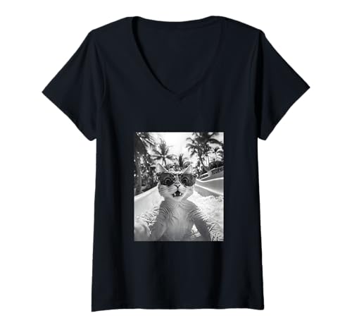 Damen Schockiert aussehende Katze mit Sonnenbrille in einer Wasserrutsche T-Shirt mit V-Ausschnitt Damen Schockiert aussehende Katze mit Sonnenbrille in einer Wasserrutsche T-Shirt mit V-Ausschnitt von Cute and Summery Animal Designs
