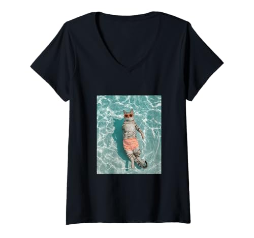 Damen Süße Katze mit Sonnenbrille und Schwimmen im Pool T-Shirt mit V-Ausschnitt Damen Süße Katze mit Sonnenbrille und Schwimmen im Pool T-Shirt mit V-Ausschnitt von Cute and Summery Animal Designs