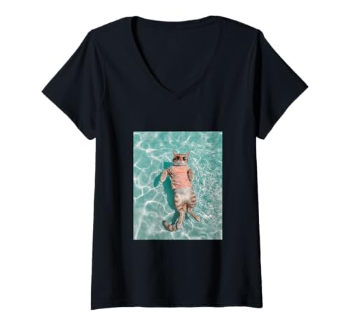 Damen Süße Katze mit Sonnenbrille und Schwimmen im Pool T-Shirt mit V-Ausschnitt Damen Süße Katze mit Sonnenbrille und Schwimmen im Pool T-Shirt mit V-Ausschnitt von Cute and Summery Animal Designs