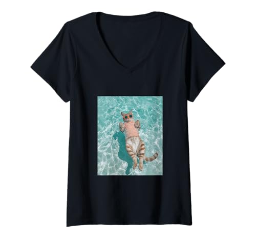 Damen Süße Katze mit Sonnenbrille und Schwimmen im Pool T-Shirt mit V-Ausschnitt Damen Süße Katze mit Sonnenbrille und Schwimmen im Pool T-Shirt mit V-Ausschnitt von Cute and Summery Animal Designs