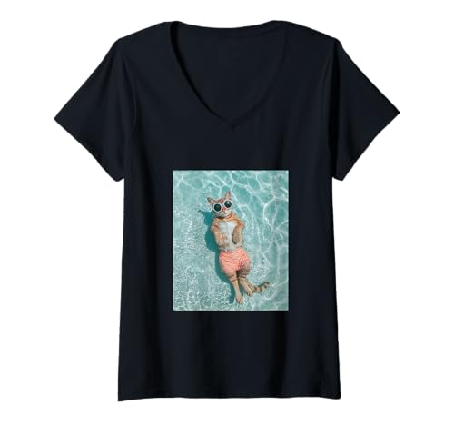 Damen Süße Katze mit Sonnenbrille und Schwimmen im Pool T-Shirt mit V-Ausschnitt Damen Süße Katze mit Sonnenbrille und Schwimmen im Pool T-Shirt mit V-Ausschnitt von Cute and Summery Animal Designs